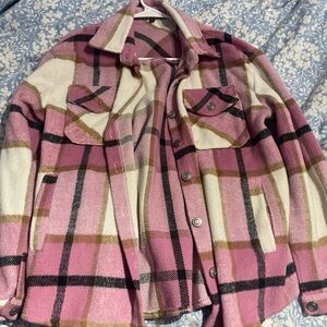 SHEIN Pink and Cream Plaid Teddy Jacket